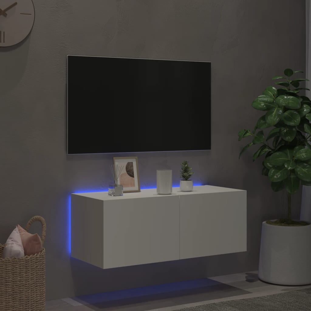 TV-benk Vegghengt med LED hvit 80x35x31 cm