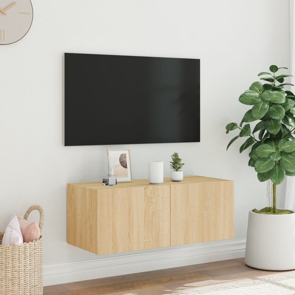 TV-benk Vegghengt med LED sonoma eik 80x35x31 cm