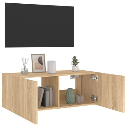 TV-benk Vegghengt med LED sonoma eik 80x35x31 cm