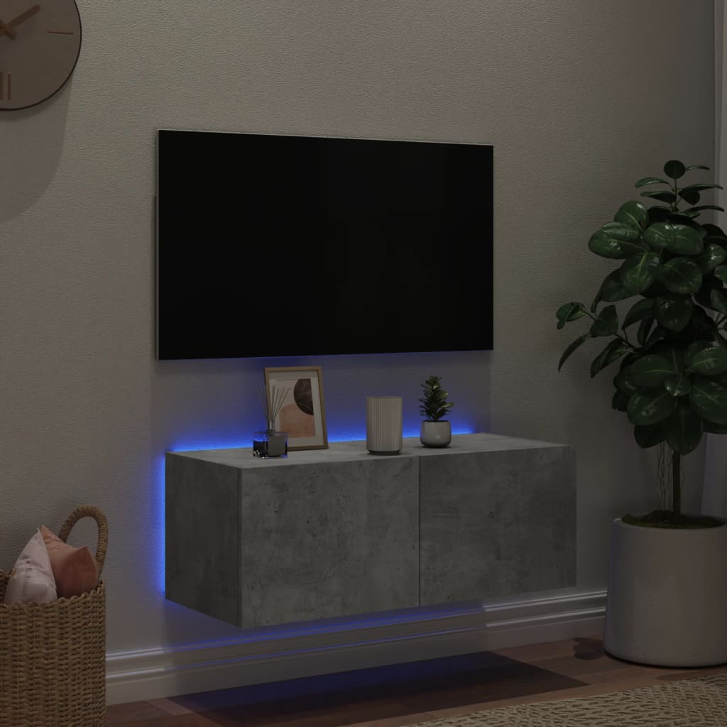 TV-benk Vegghengt med LED-lys betonggrå 80x35x31 cm