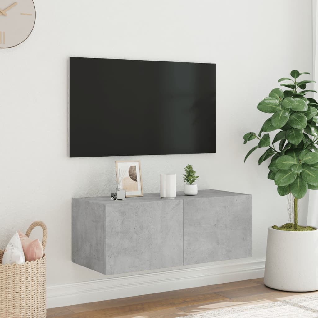 TV-benk Vegghengt med LED-lys betonggrå 80x35x31 cm