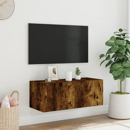 TV-benk Vegghengt med LED røkt eik 80x35x31 cm