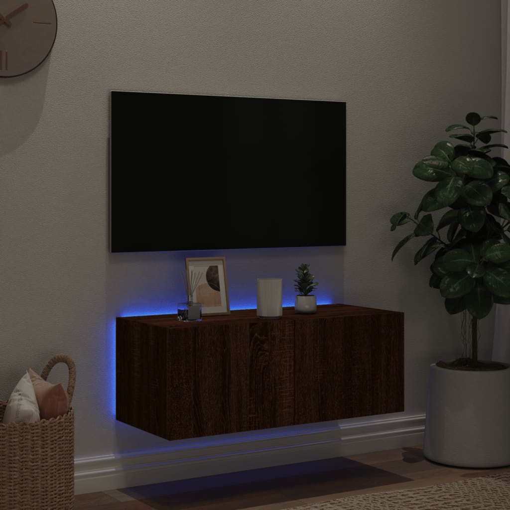 TV-benk Vegghengt med LED brun eik 80x35x31 cm