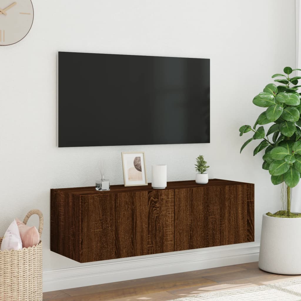 TV-benk Vegghengt med LED brun eik 100x35x31 cm