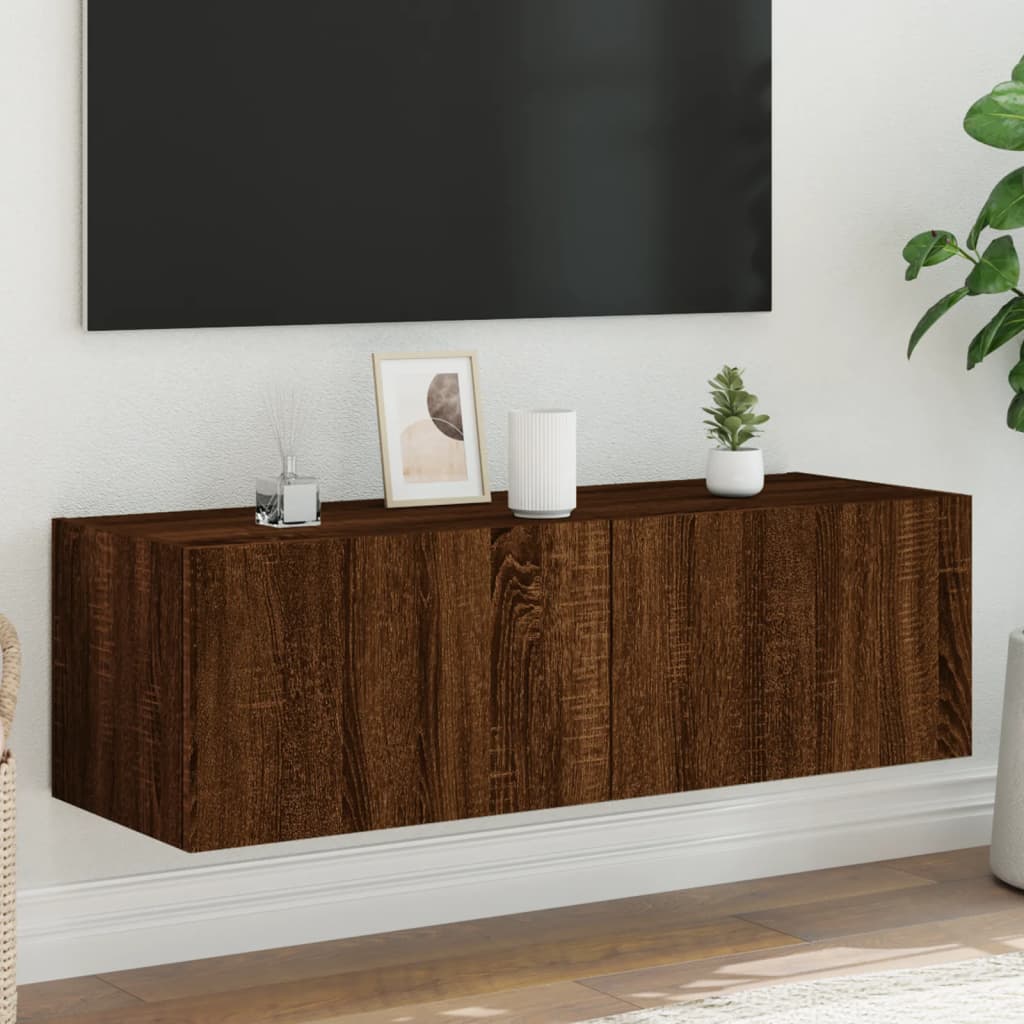 TV-benk Vegghengt med LED brun eik 100x35x31 cm