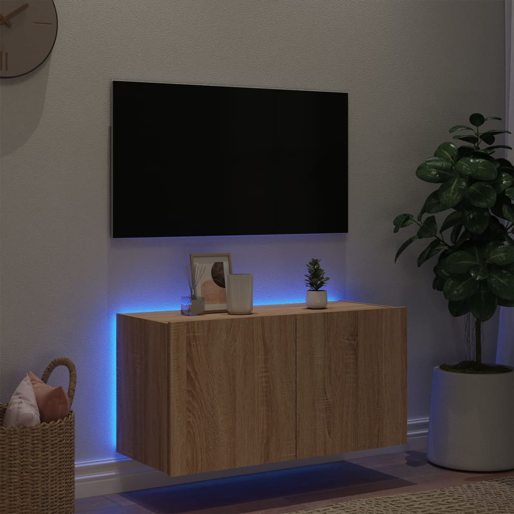 TV-benk Vegghengt med LED sonoma eik 80x35x41 cm