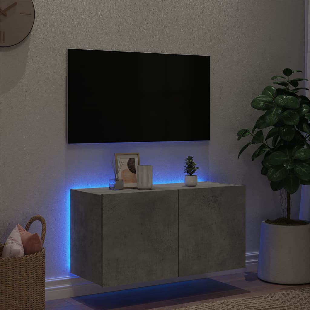 TV-benk Vegghengt med LED-lys betonggrå 80x35x41 cm