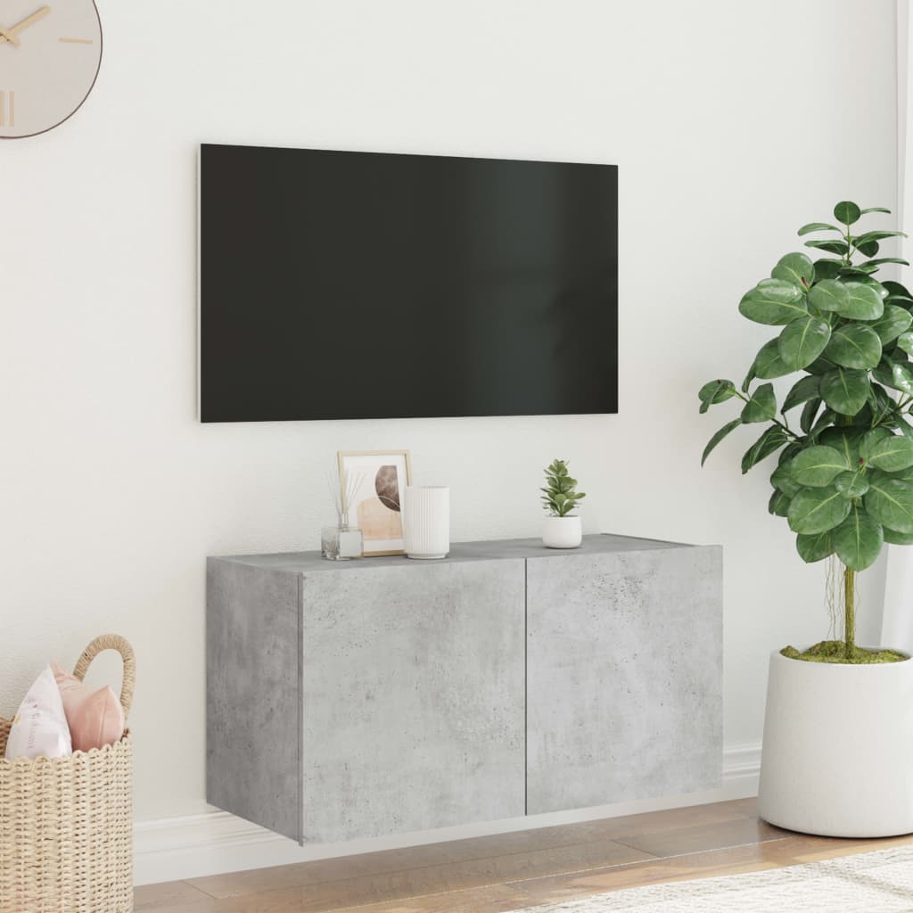 TV-benk Vegghengt med LED-lys betonggrå 80x35x41 cm