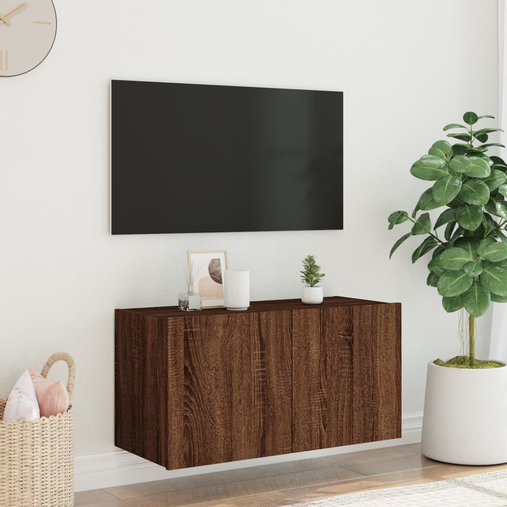 TV-benk Vegghengt med LED brun eik 80x35x41 cm