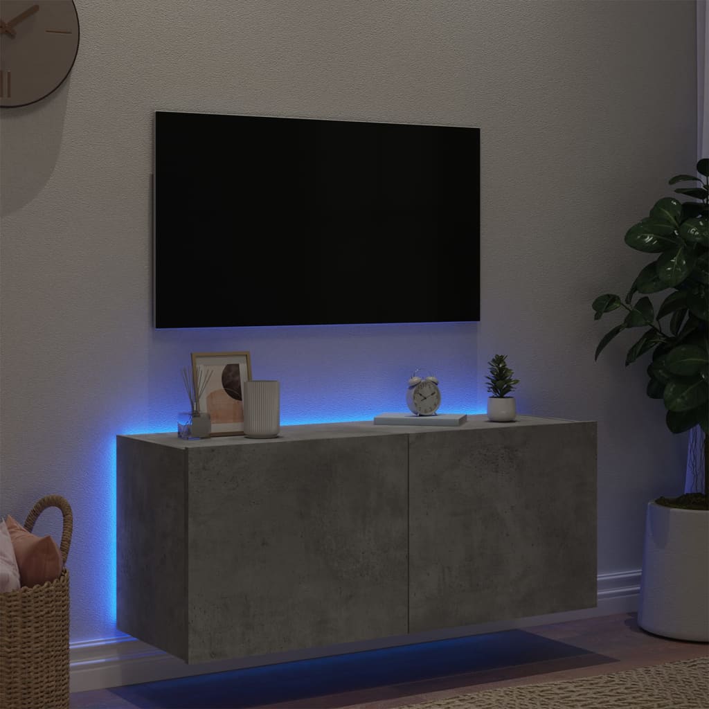 TV-benk Vegghengt med LED-lys betonggrå 100x35x41 cm