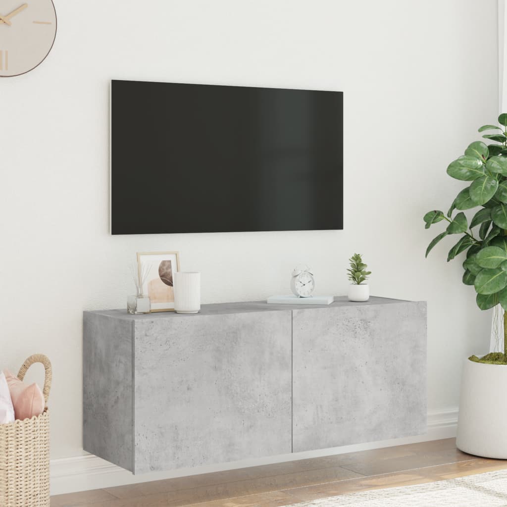 TV-benk Vegghengt med LED-lys betonggrå 100x35x41 cm