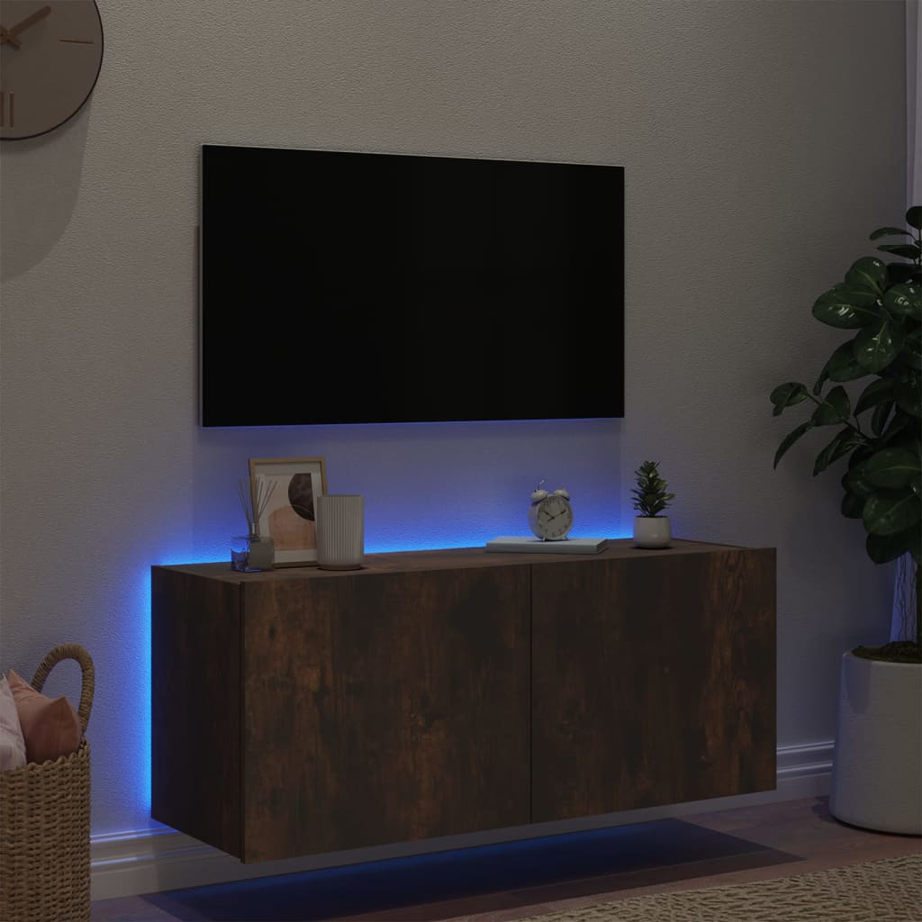 TV-benk Vegghengt med LED røkt eik 100x35x41 cm