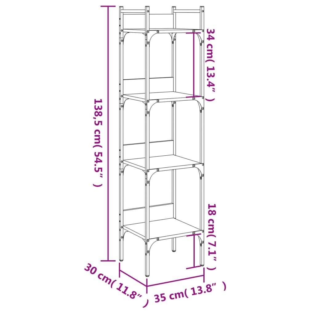 Bokhylle 4 etasjer svart 35x30x138,5 cm konstruert tre