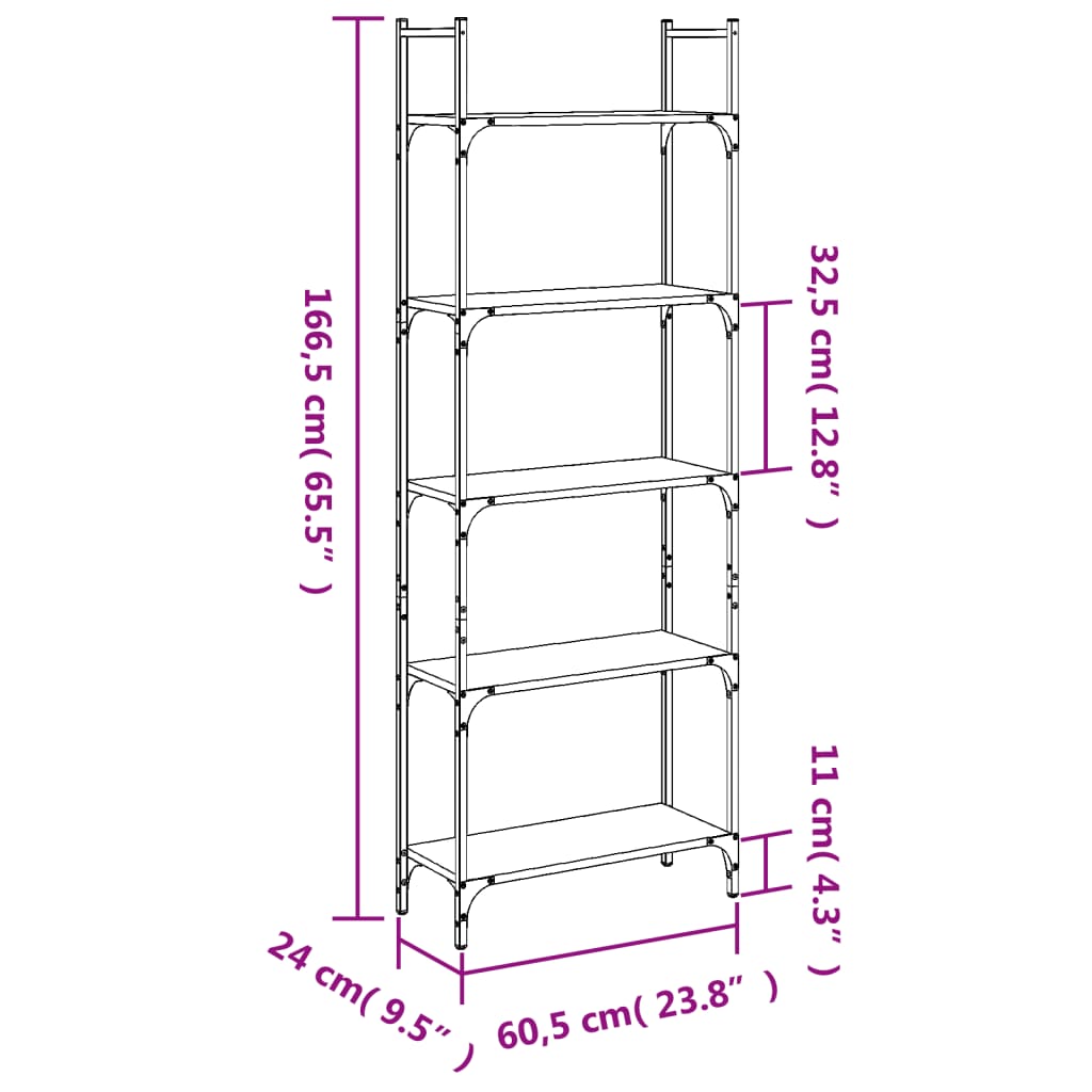 Bokhylle 5 etasjer brun eik 60,5x24x166,5 cm konstruert tre