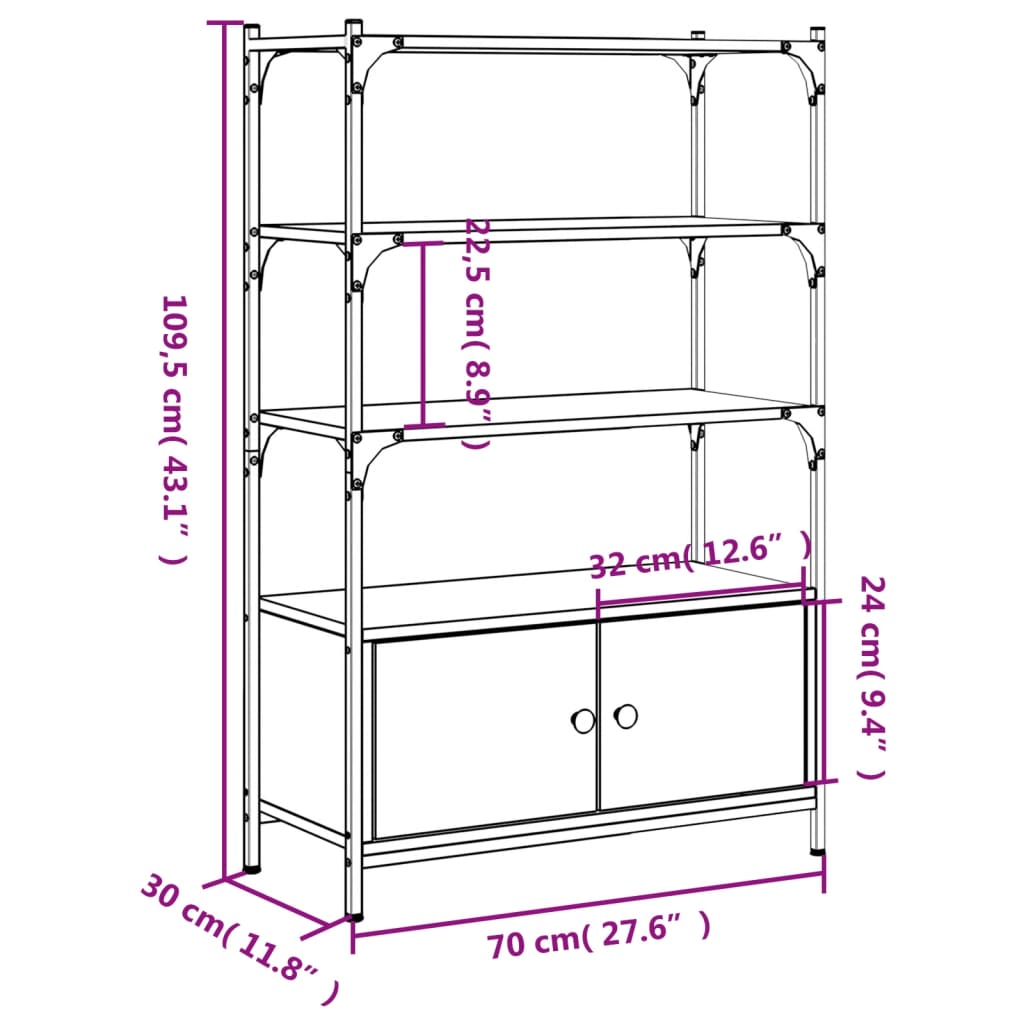 Bokhylle 3 etasjer svart 70x30x109,5 cm konstruert tre