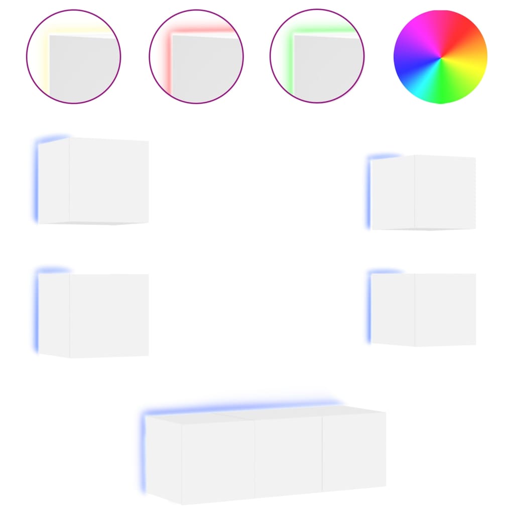TV-Møbel Vegghengte med LED 6 deler hvit konstruert tre