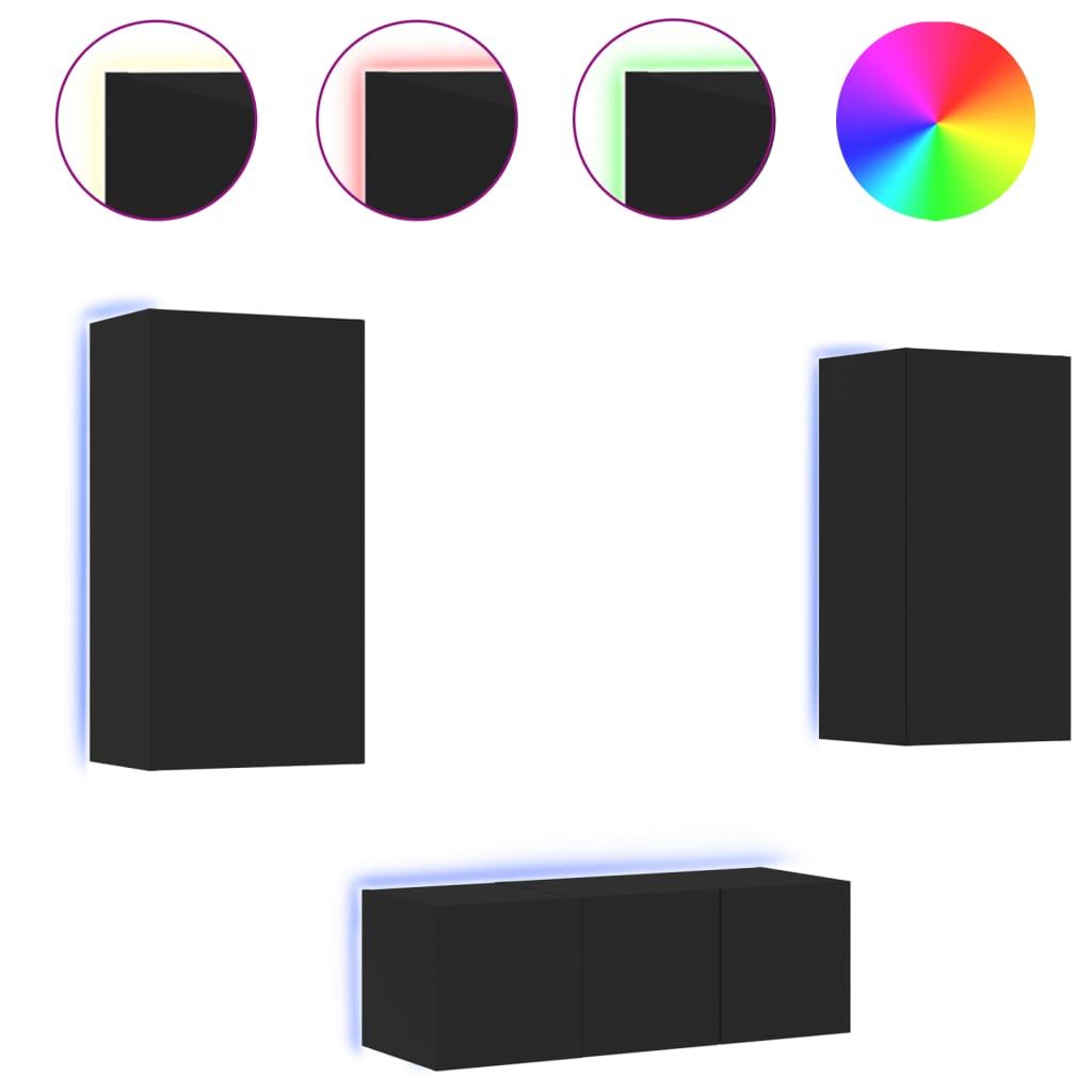 TV-Møbel Vegghengte med LED 4 deler svart konstruert tre