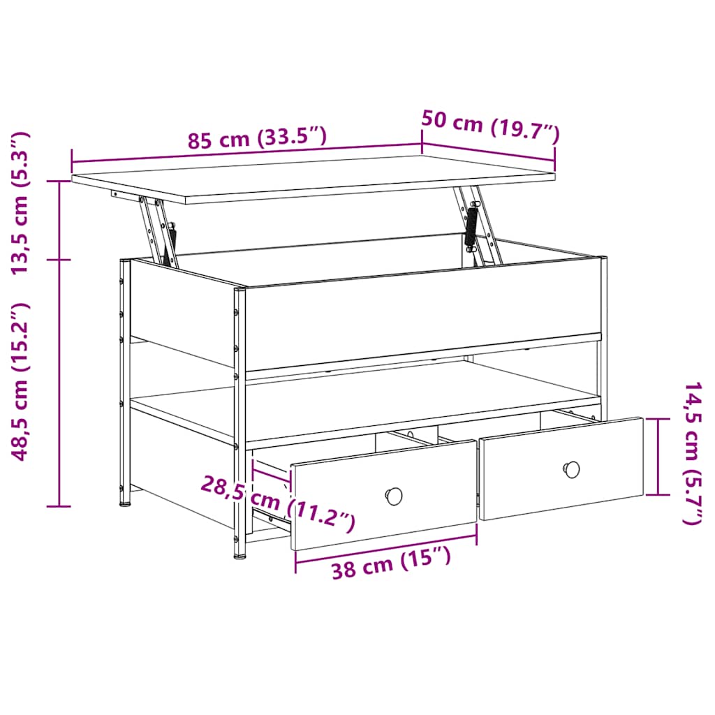 Salongbord Sofabord Sonoma Eik 85x50x50 cm og metall