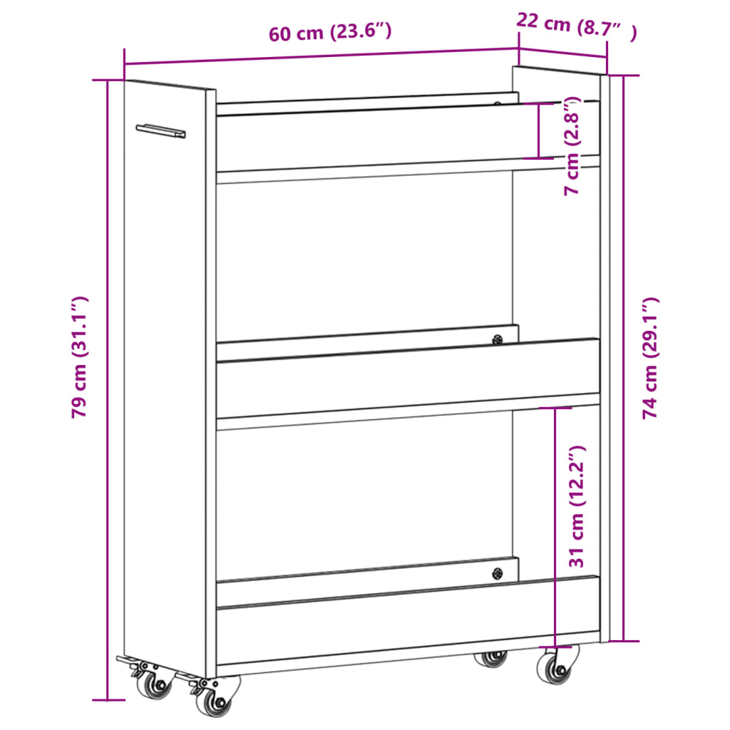 Sidebord med hjul svart 60x22x79 cm konstruert tre