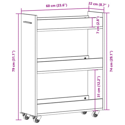 Sidebord med hjul brun eik 60x22x79 cm konstruert tre