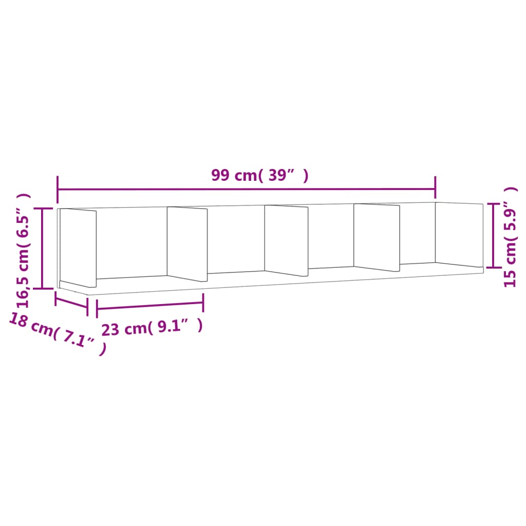 Vegghylle svart 99x18x16,5 cm konstruert tre