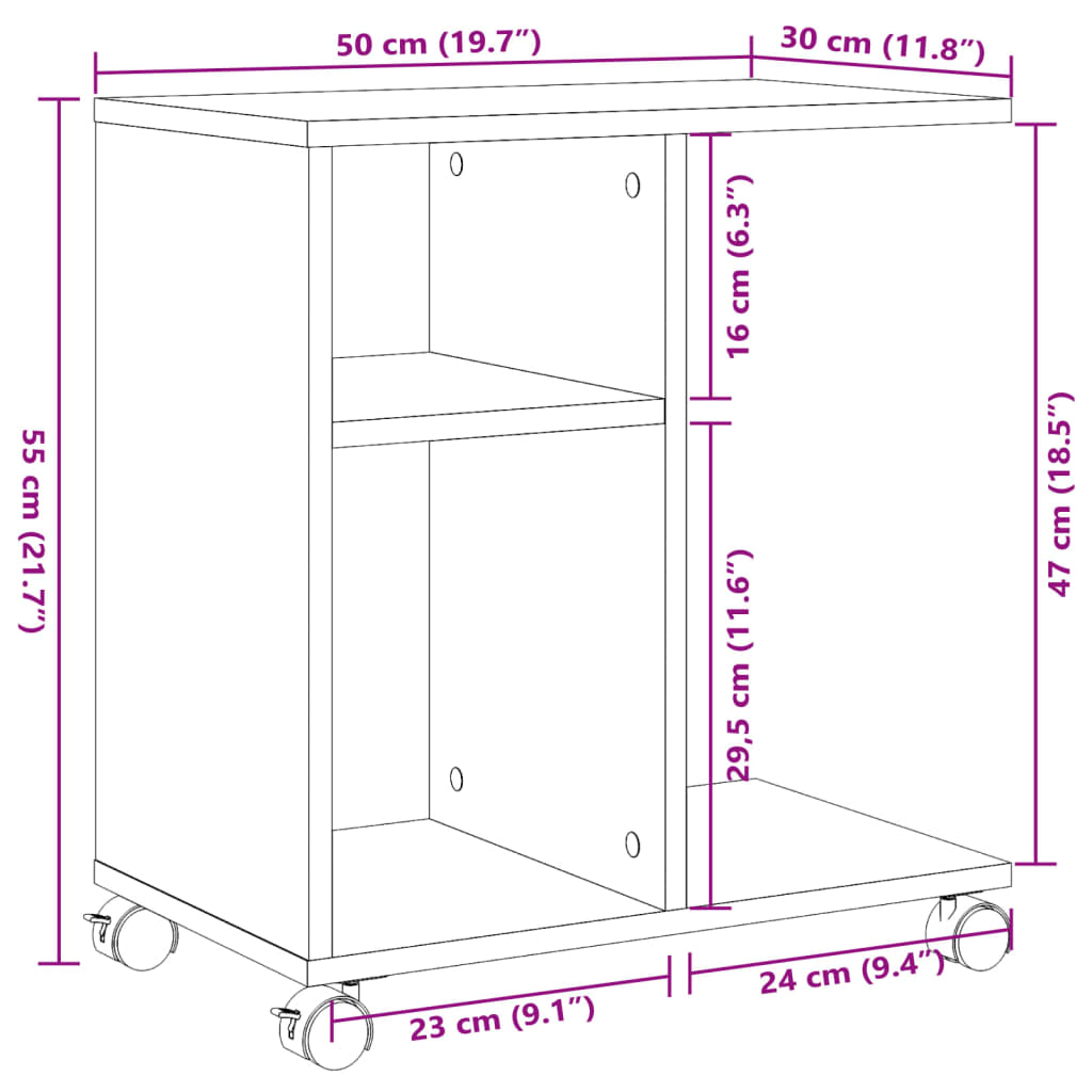 Sidebord med hjul hvit 50x30x55 cm konstruert tre