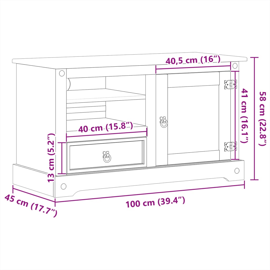 TV-benk Corona 100x45x58 cm heltre furu