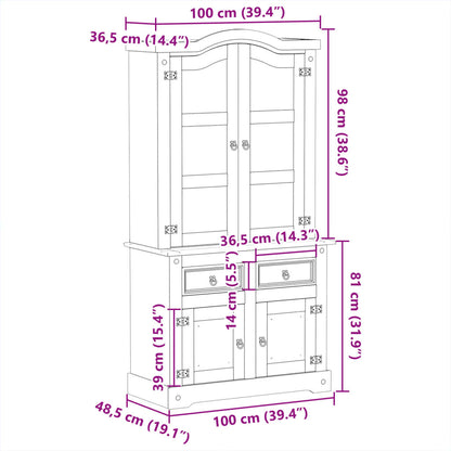 Vitrineskap Corona 100x48,5x179 cm heltre furu