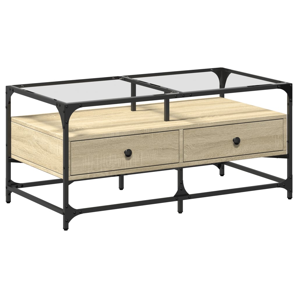 Salongbord Sofabord Sonoma Eik med glassplate 98,5x50x45 cm stål