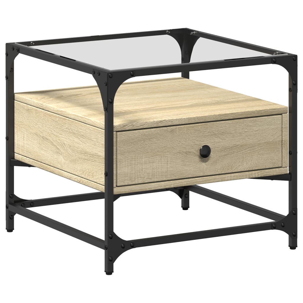 Salongbord Sofabord Sonoma Eik med glassplate 50x50x45 cm stål