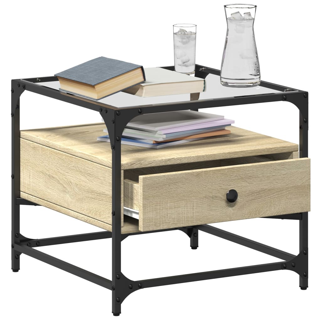 Salongbord Sofabord Sonoma Eik med glassplate 50x50x45 cm stål