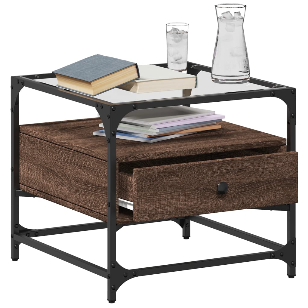 Salongbord Sofabord Brun Eik med glassplate 50x50x45 cm stål