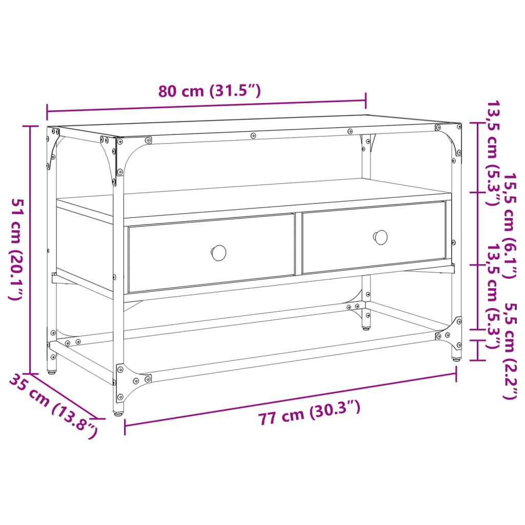 TV-benk med glasstopp brun eik 80x35x51 cm konstruert tre