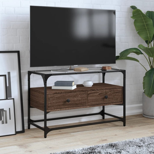 TV-benk med glasstopp brun eik 80x35x51 cm konstruert tre