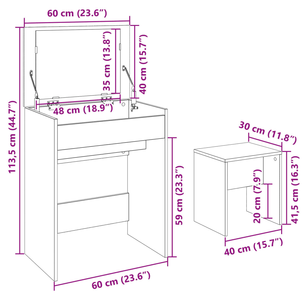 Sminkebord med krakk brun eik 60x40x113,5 cm