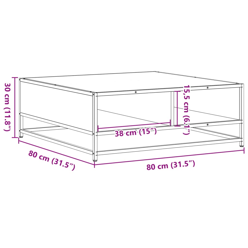 Salongbord brun eik 80x80x30 cm konstruert tre og metall