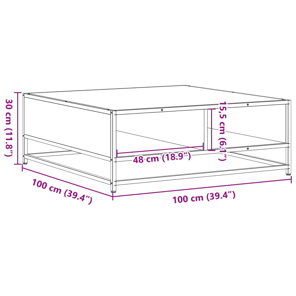 Salongbord brun eik 100x100x30 cm konstruert tre og metall