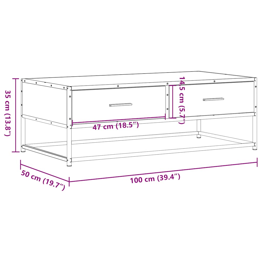 Salongbord brun eik 100x50x35 cm konstruert tre og metall