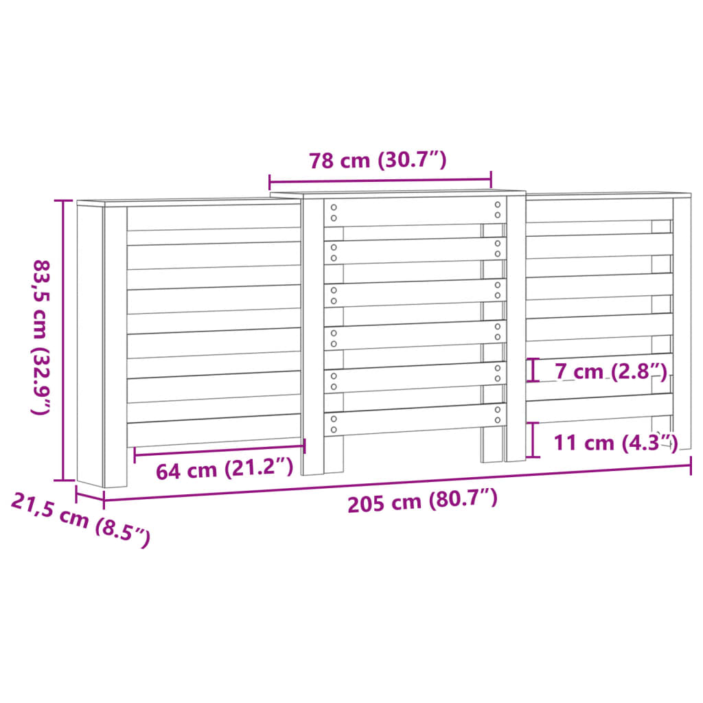 Radiatordeksel betonggrå 205x21,5x83,5 cm konstruert tre