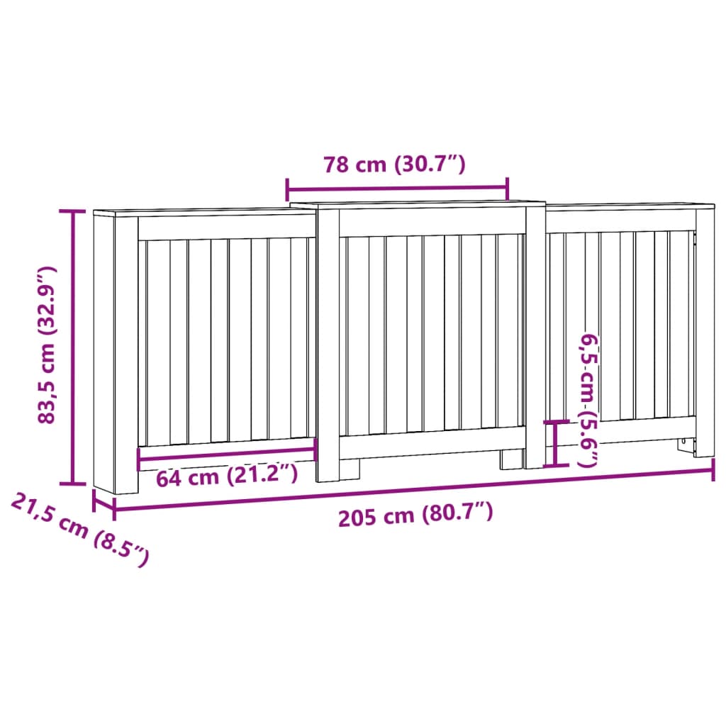 Radiatordeksel hvit 205x21,5x83,5 cm konstruert tre