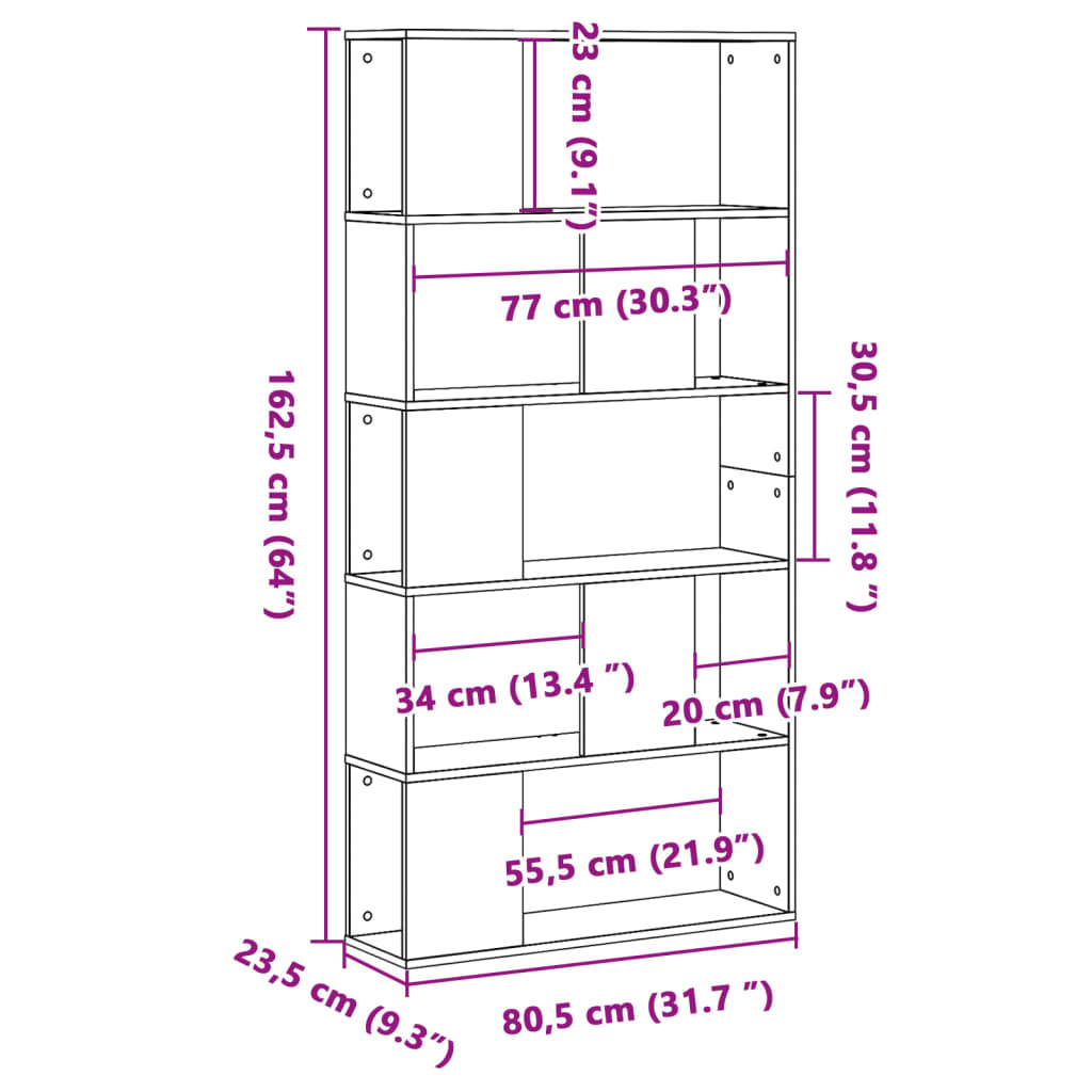 Bokhylle 5 etasjer hvit 80,5x23,5x162,5 cm konstruert tre