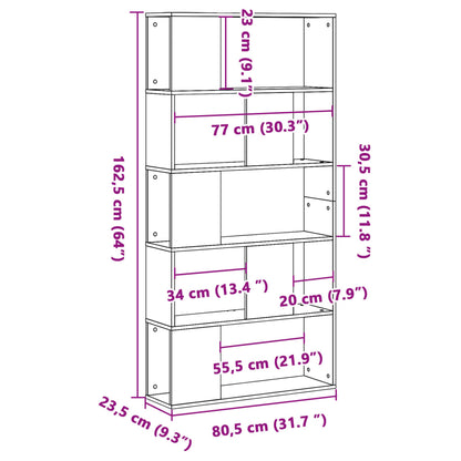 Bokhylle 5 etasjer brun eik 80,5x23,5x162,5 cm konstruert tre