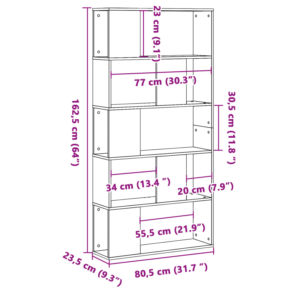 Bokhylle 5 etasjer gammelt tre 80,5x23,5x162,5cm konstruert tre