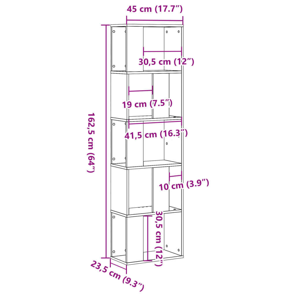 Bokhylle 5 etasjer hvit 45x23,5x162,5 cm konstruert tre