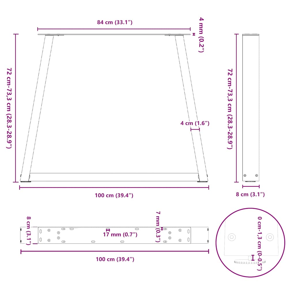 Spisebordben V-formet 3 stk hvit 100x(72-73,3) cm stål