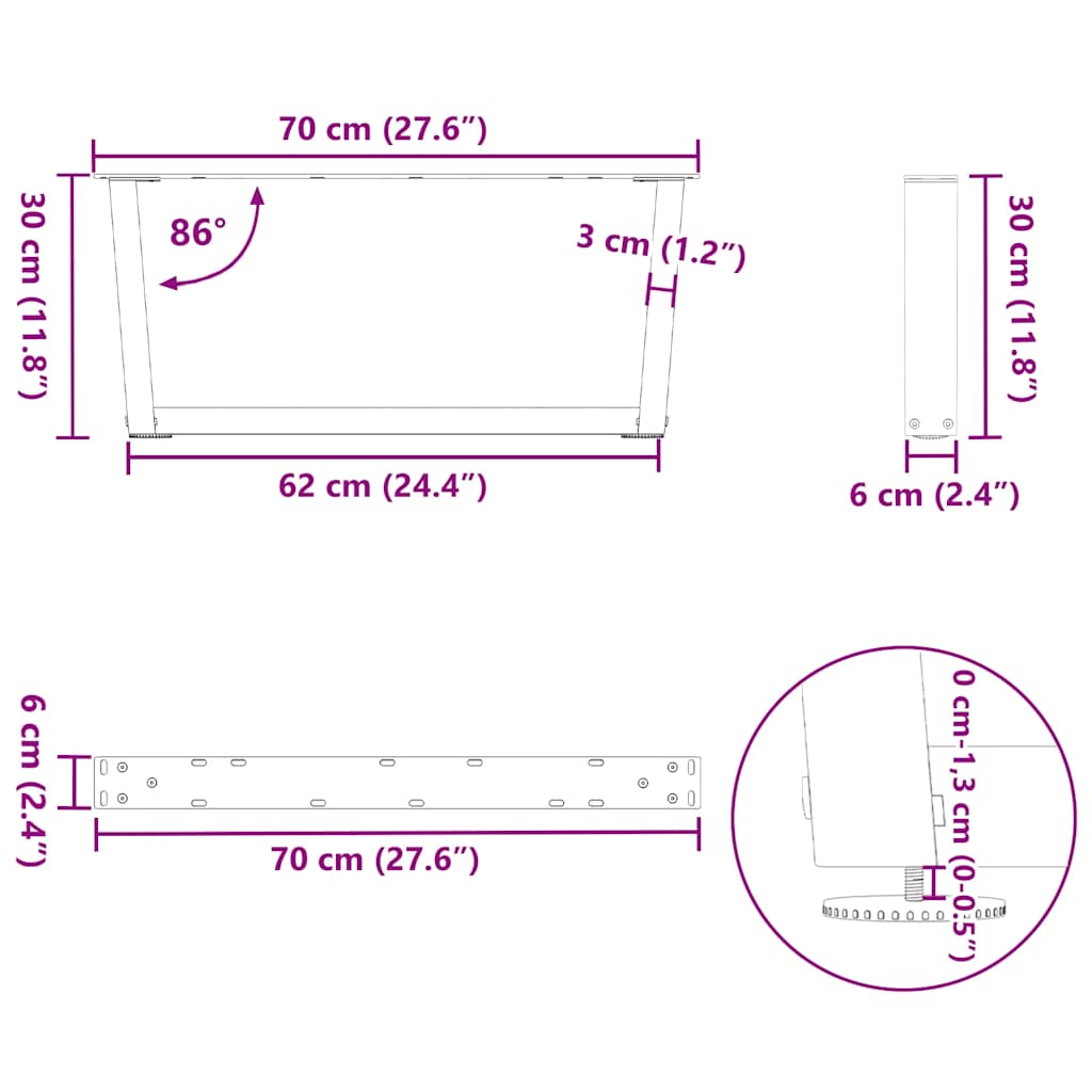 Spisebordben V-formet 2 stk svart 70x(30-31,3) cm stål