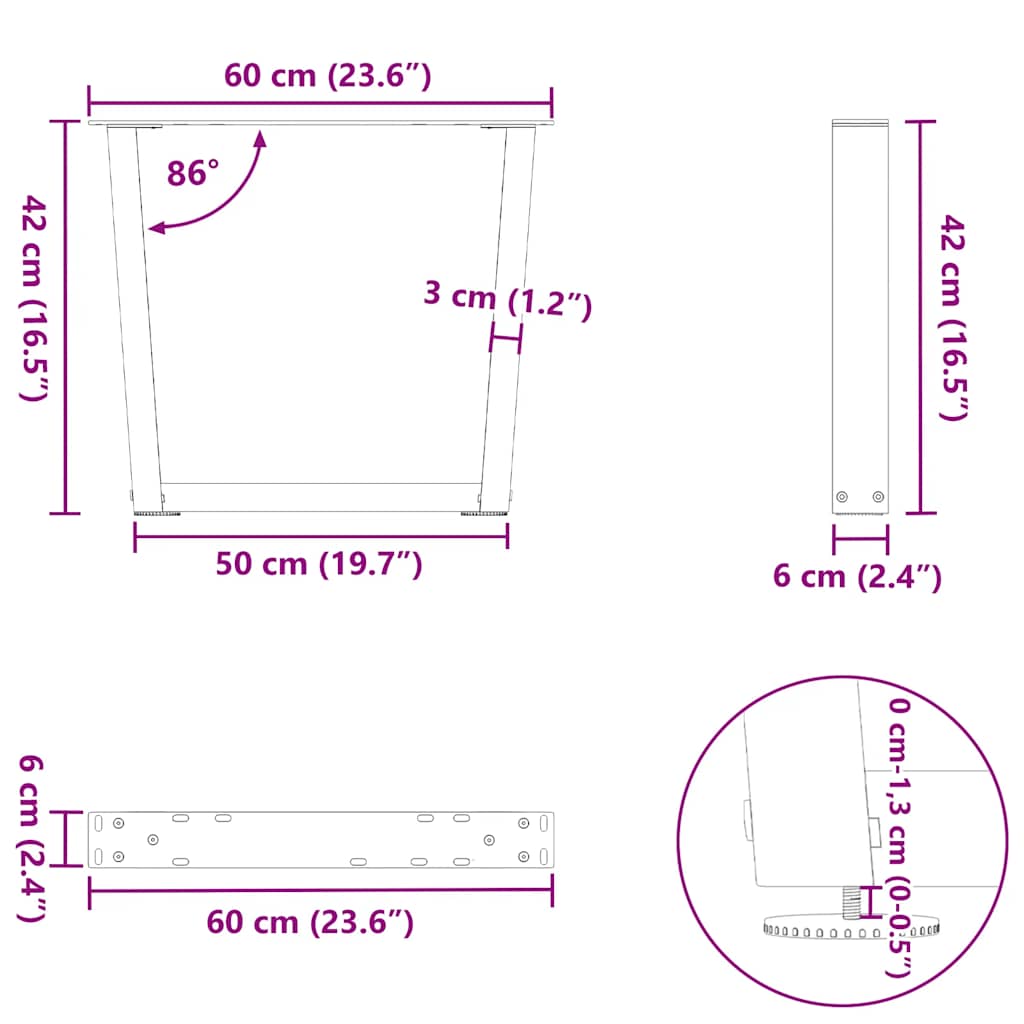 Spisebordben V-formet 2 stk svart 60x(42-43,3) cm stål