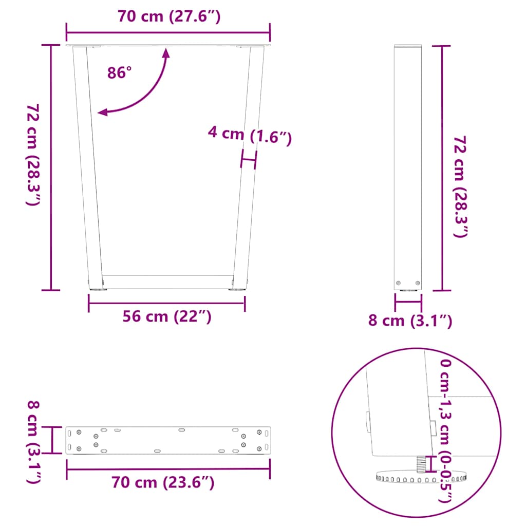 Spisebordben V-formet 2 stk svart 70x(72-73,3) cm stål