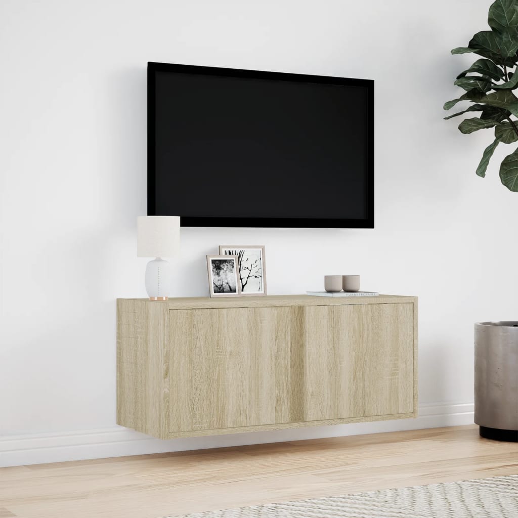 TV-benk Vegghengt med LED sonoma eik 80x31x35 cm