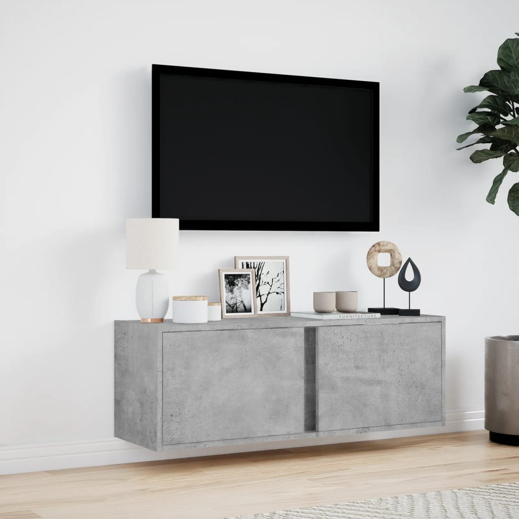 TV-benk Vegghengt med LED-lys betonggrå 100x31x35 cm